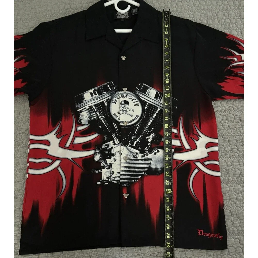 Vintage Y2K Dragonfly Motorcycle V-Twin Engine Biker Tribal Bowling Shirt L NWOT